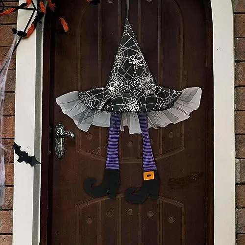 SAZ DEKOR Witch Legs Hat Hanging Sign Horror Party Ornament for Mantel Parties Bedroom Violet