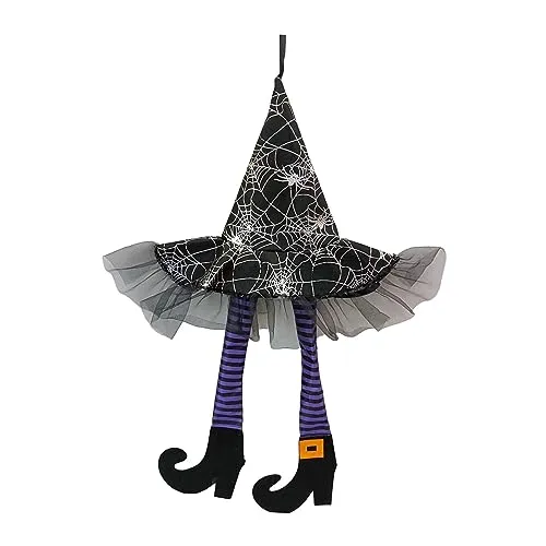 SAZ DEKOR Witch Legs Hat Hanging Sign Horror Party Ornament for Mantel Parties Bedroom Violet