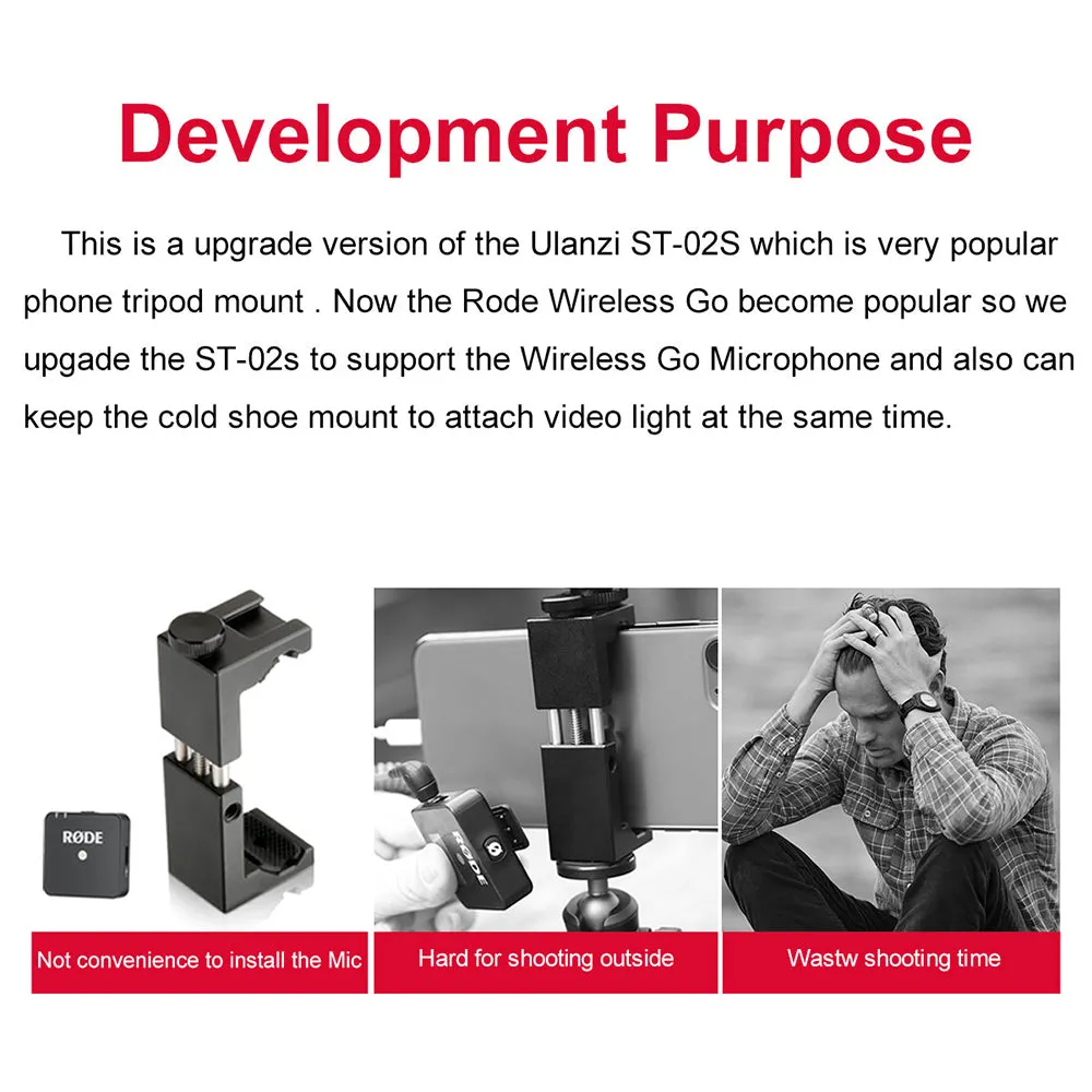 ST-08 Phone Tripod Wireless Go Microphone Bracket Cellphone Clip with Universal Cold Shoe for LED Video Light Vlog Mount black