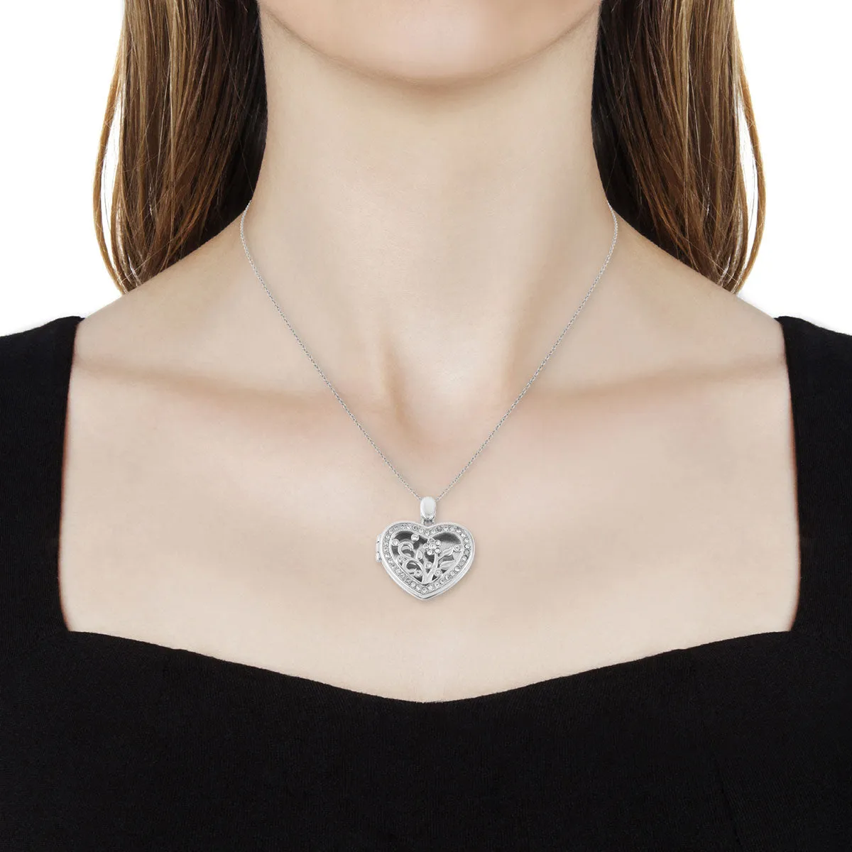 Stainless Steel White Austrian Crystal Heart Locket Pendant with Chain (20 in)