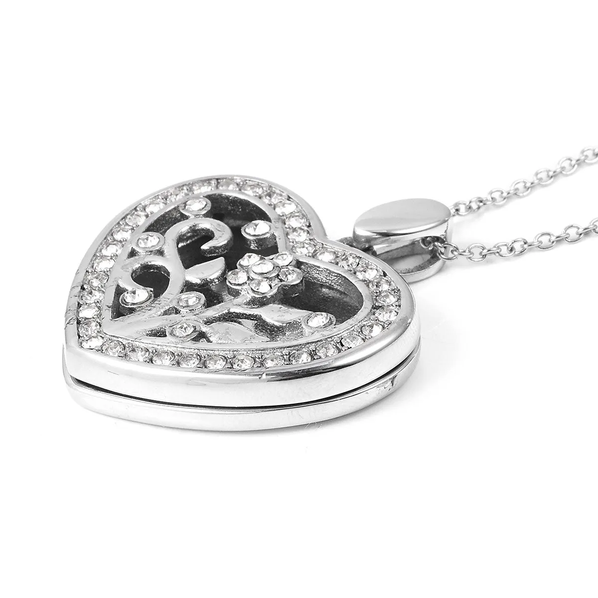 Stainless Steel White Austrian Crystal Heart Locket Pendant with Chain (20 in)