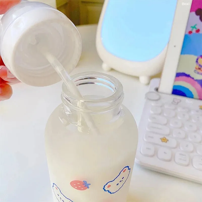 Strawberry Bear Glass Water Bottle