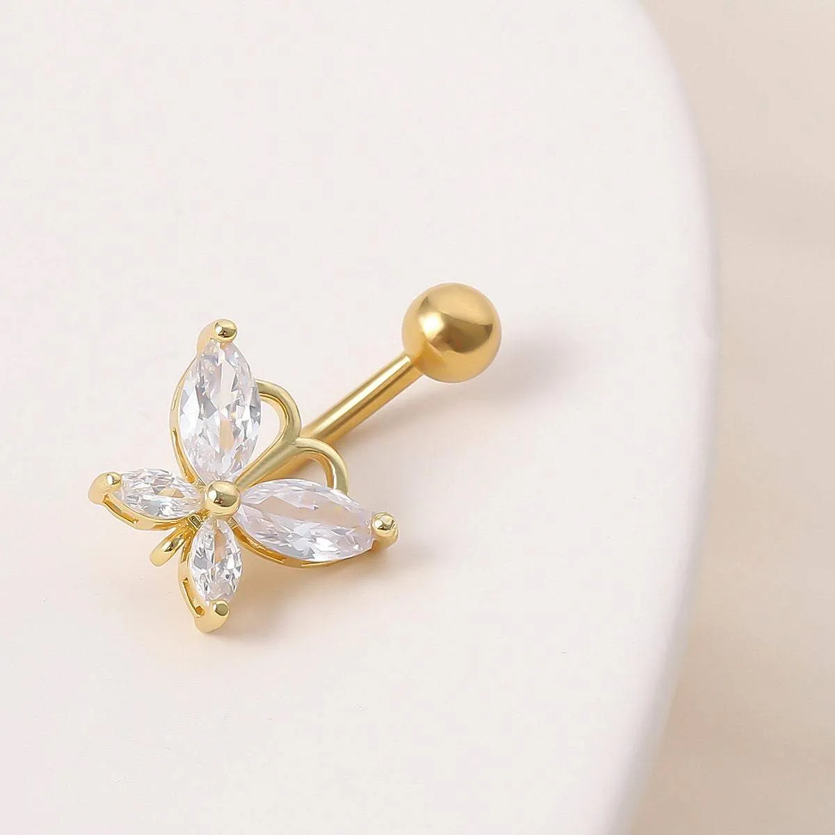 Surgical Stainless Steel Gold Tone Crystal Butterfly Navel Ring