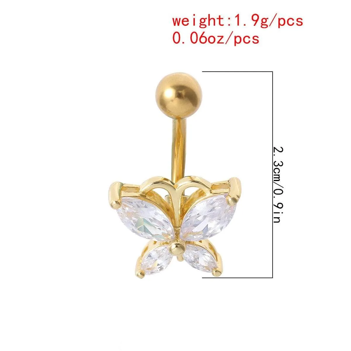 Surgical Stainless Steel Gold Tone Crystal Butterfly Navel Ring