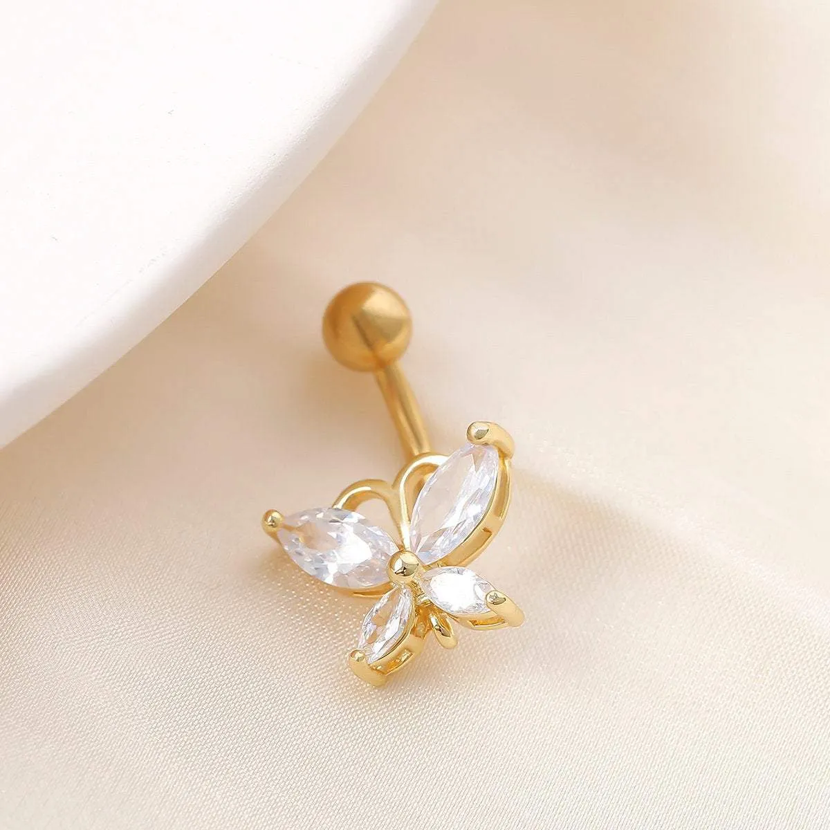 Surgical Stainless Steel Gold Tone Crystal Butterfly Navel Ring