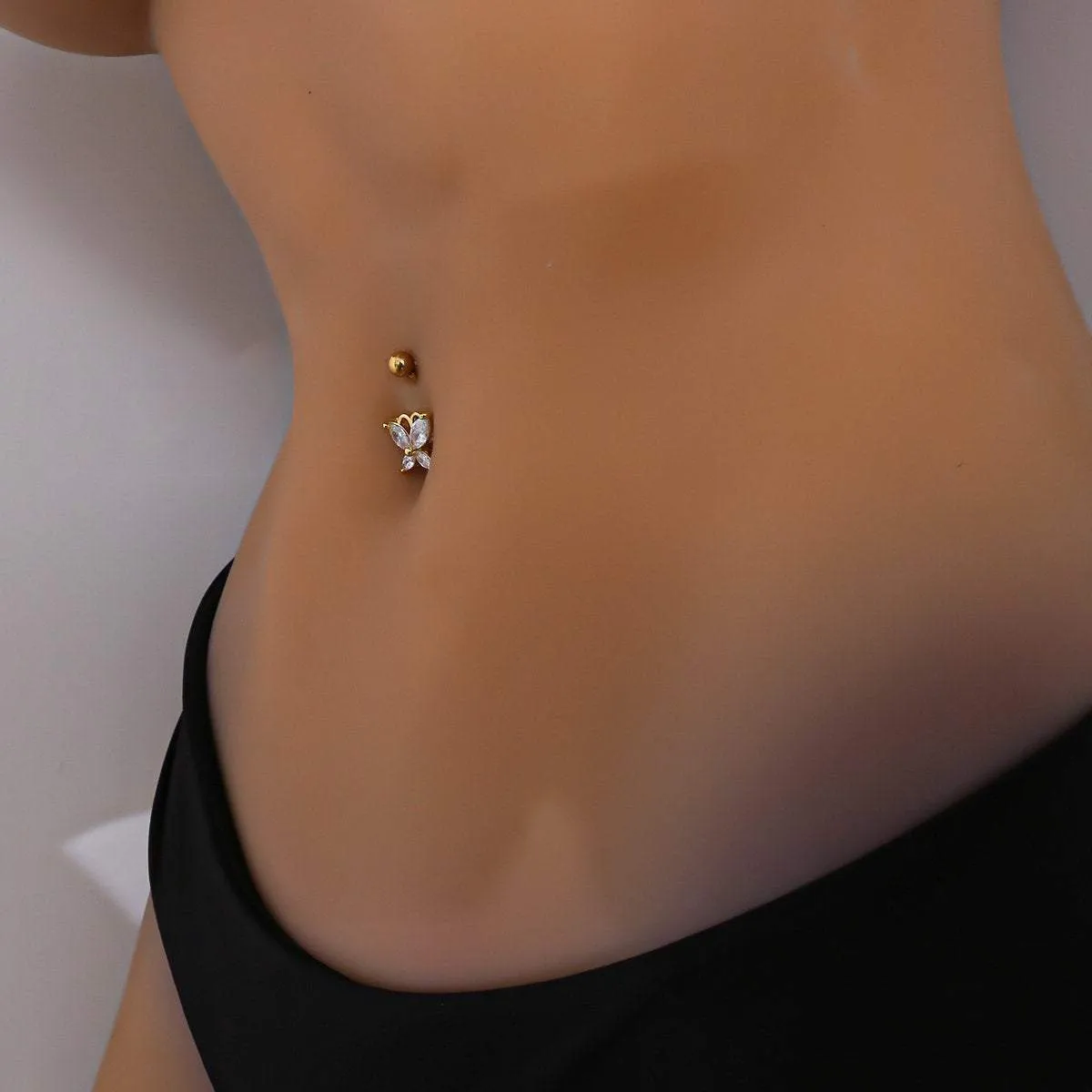 Surgical Stainless Steel Gold Tone Crystal Butterfly Navel Ring