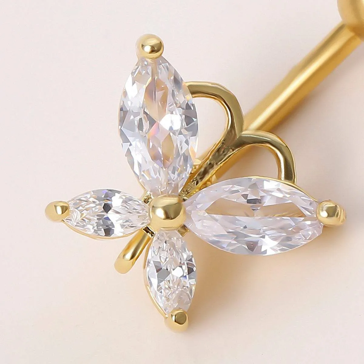 Surgical Stainless Steel Gold Tone Crystal Butterfly Navel Ring