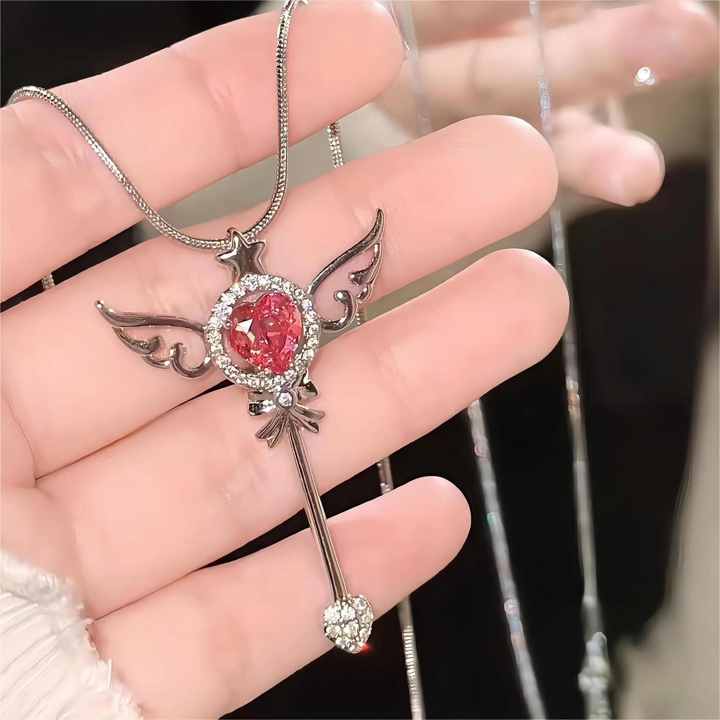 Swarovski Crystal Pink Heart Magic Wand Necklace