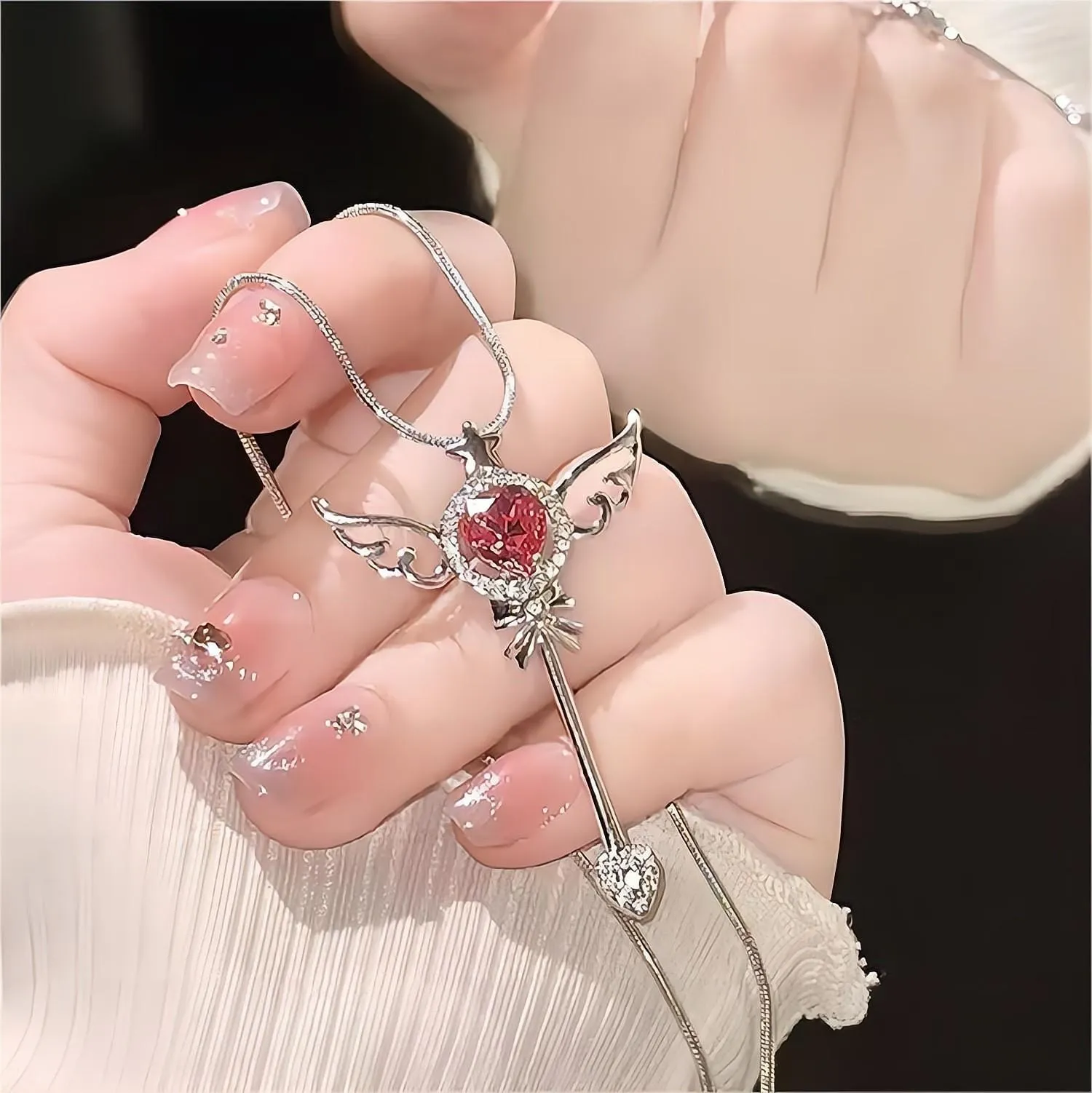 Swarovski Crystal Pink Heart Magic Wand Necklace