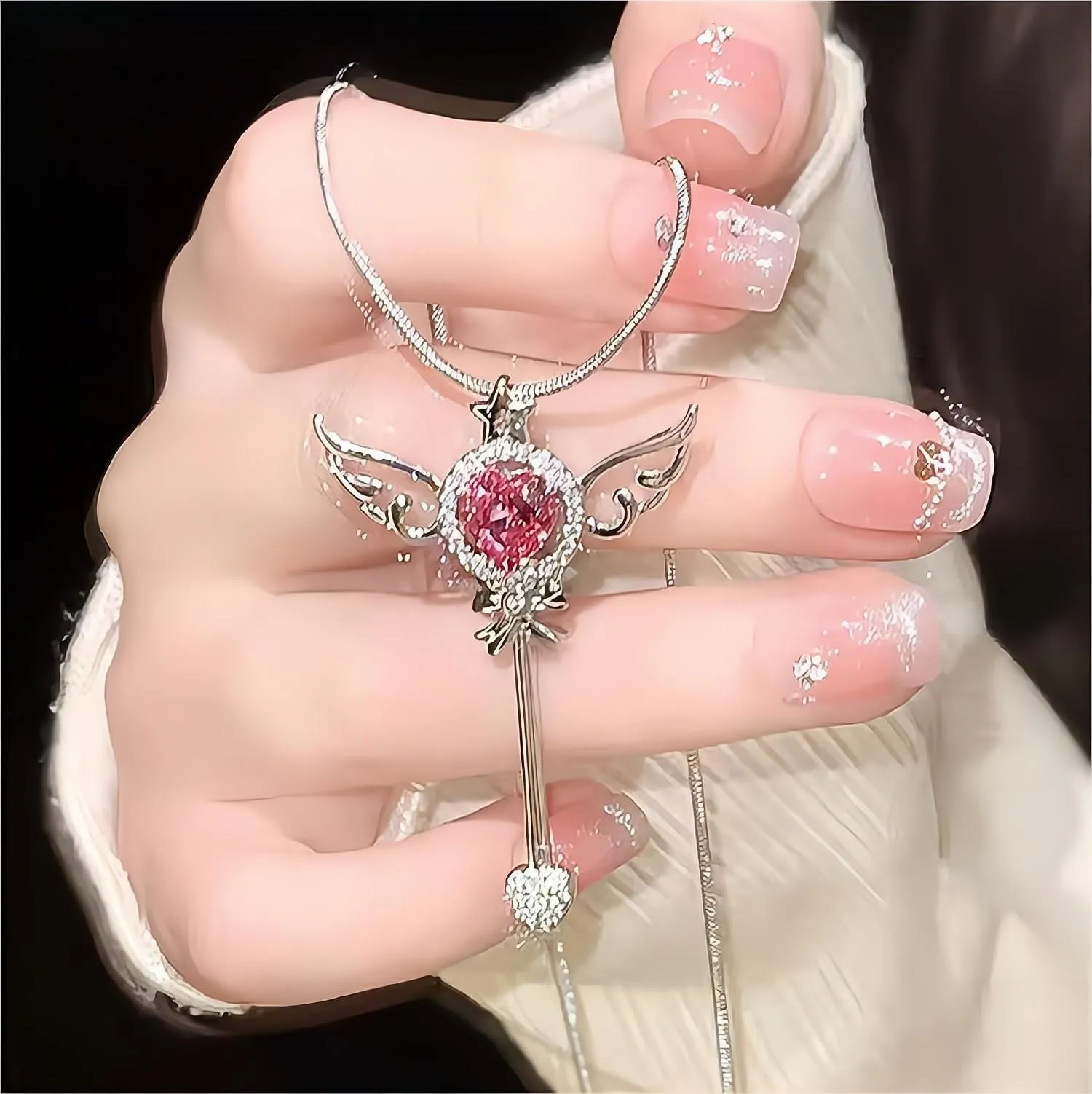 Swarovski Crystal Pink Heart Magic Wand Necklace