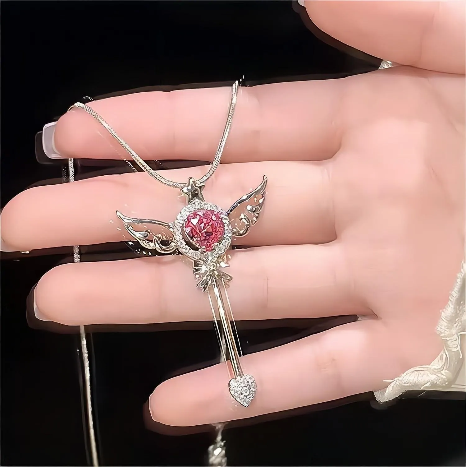 Swarovski Crystal Pink Heart Magic Wand Necklace