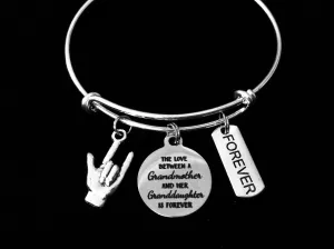 The Love Between a Grandmother and a Granddaughter is Forever I Love You ASL Jewelry Expandable Charm Bracelet Adjustable Silver Wire Bangle Trendy One Size Fits All Gift