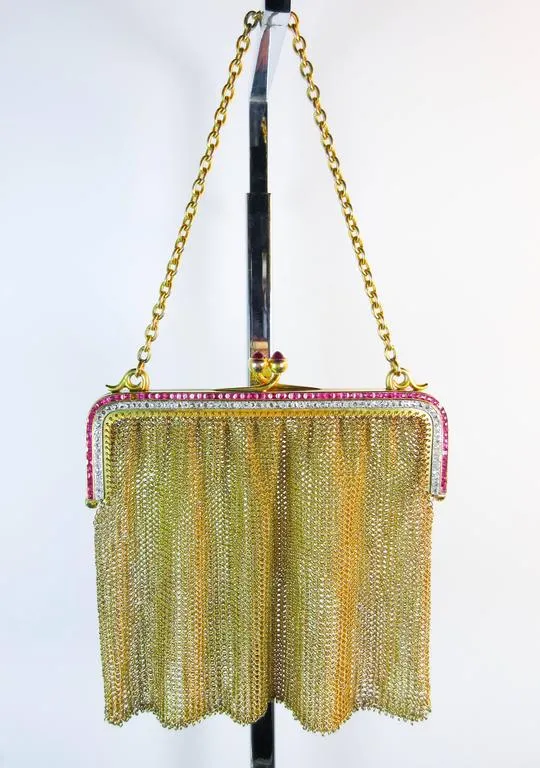 VINTAGE Ruby Diamond Cabochon Clasp Yellow Gold Evening Purse