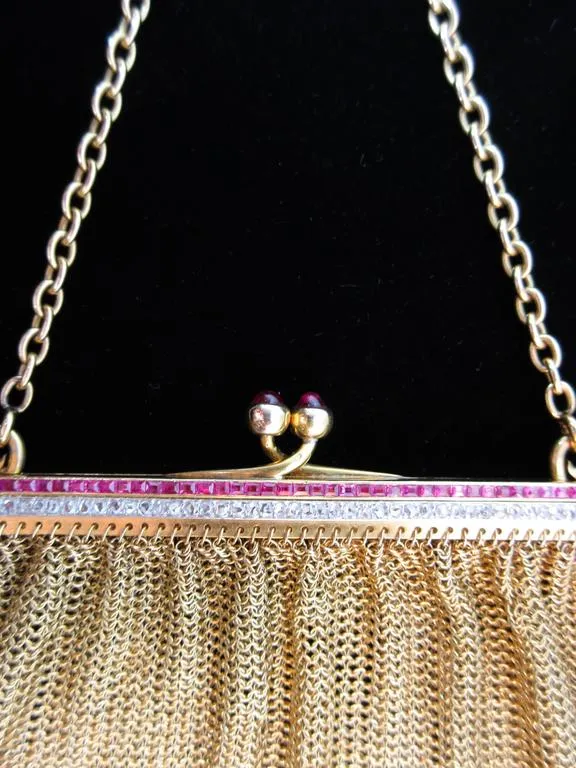 VINTAGE Ruby Diamond Cabochon Clasp Yellow Gold Evening Purse