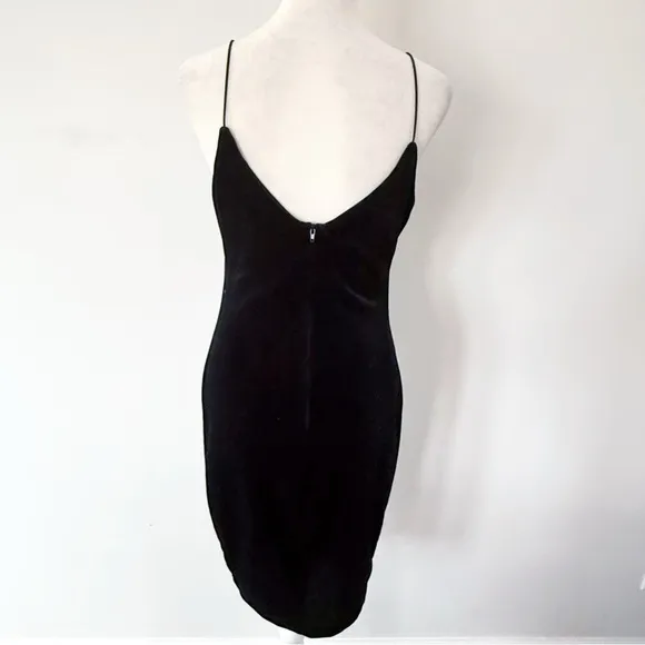 Vintage Y2K Velvet Deep V Bodycon Little Black Dress Women’s Medium Evening Sexy