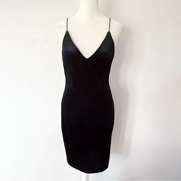 Vintage Y2K Velvet Deep V Bodycon Little Black Dress Women’s Medium Evening Sexy
