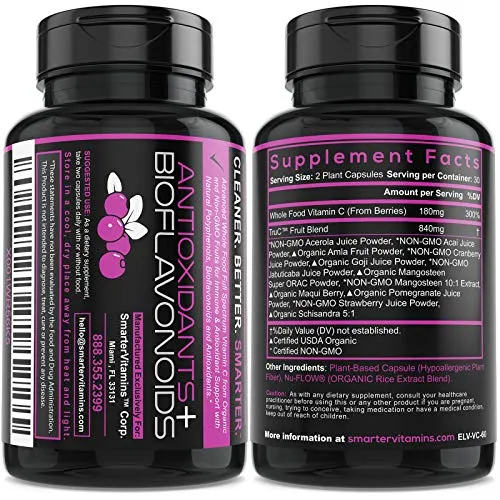 Vitamina C para alimentos crudos (paquete de 3) 100% natural de bayas orgánicas y no OMG, antioxidantes premium, bioflavonoides y polifenoles, vegano, apoyo inmune real, 180 cápsulas veganas
