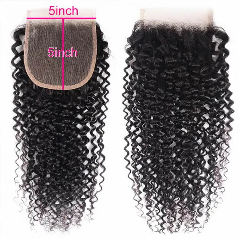 Wavymy Virgin Human Hair Weave Kinky Curly 4 Bundles with 5x5 Lace Closure