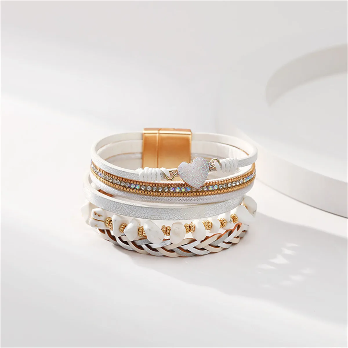 White Polystyrene & Cubic Zirconia Heart Layered Bracelet