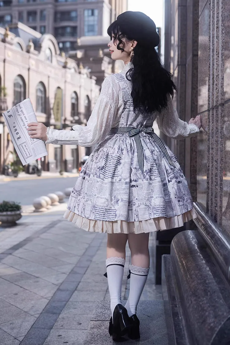 White Vintage Berlin Daily Print Removable Apron Classic Lolita Strap Dress