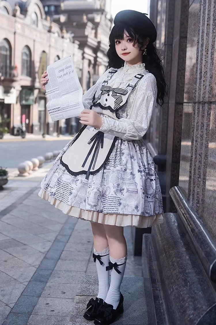 White Vintage Berlin Daily Print Removable Apron Classic Lolita Strap Dress