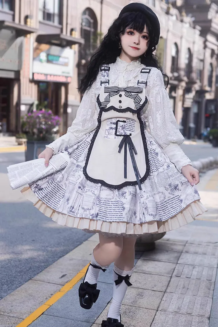 White Vintage Berlin Daily Print Removable Apron Classic Lolita Strap Dress
