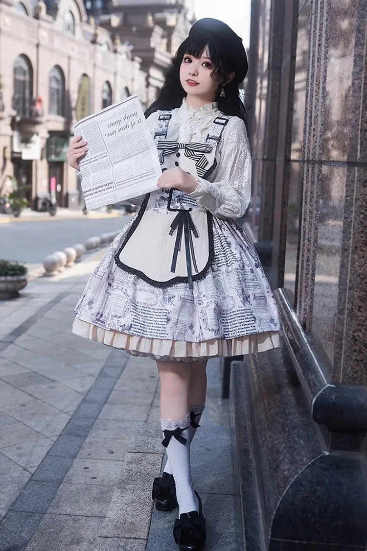 White Vintage Berlin Daily Print Removable Apron Classic Lolita Strap Dress