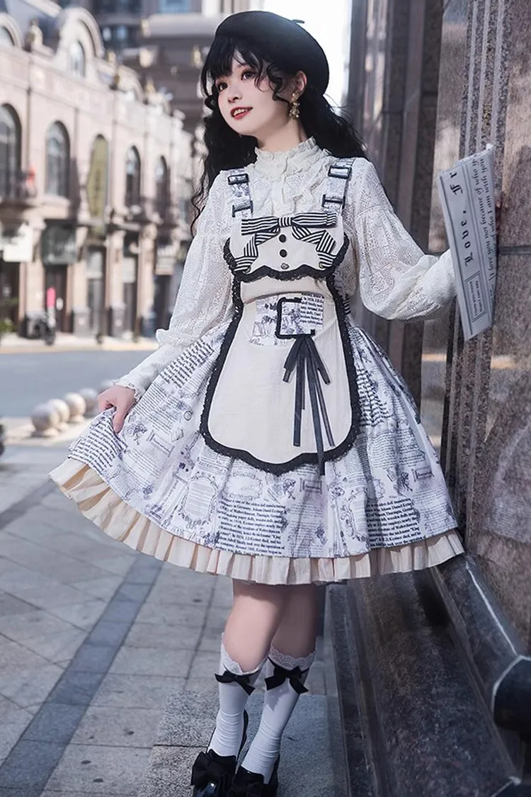 White Vintage Berlin Daily Print Removable Apron Classic Lolita Strap Dress