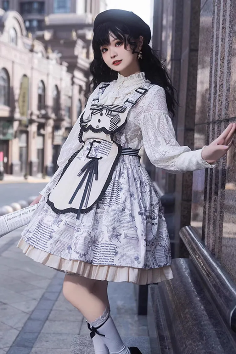 White Vintage Berlin Daily Print Removable Apron Classic Lolita Strap Dress