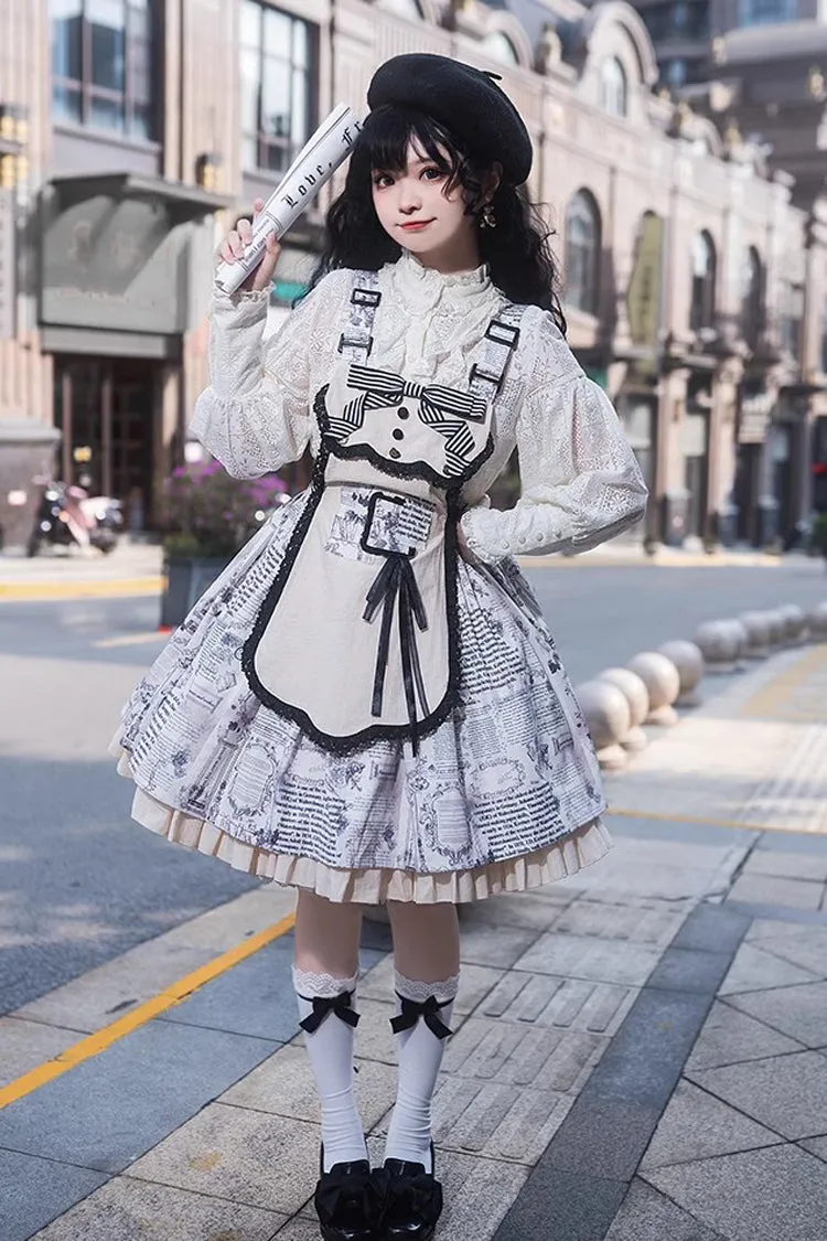 White Vintage Berlin Daily Print Removable Apron Classic Lolita Strap Dress