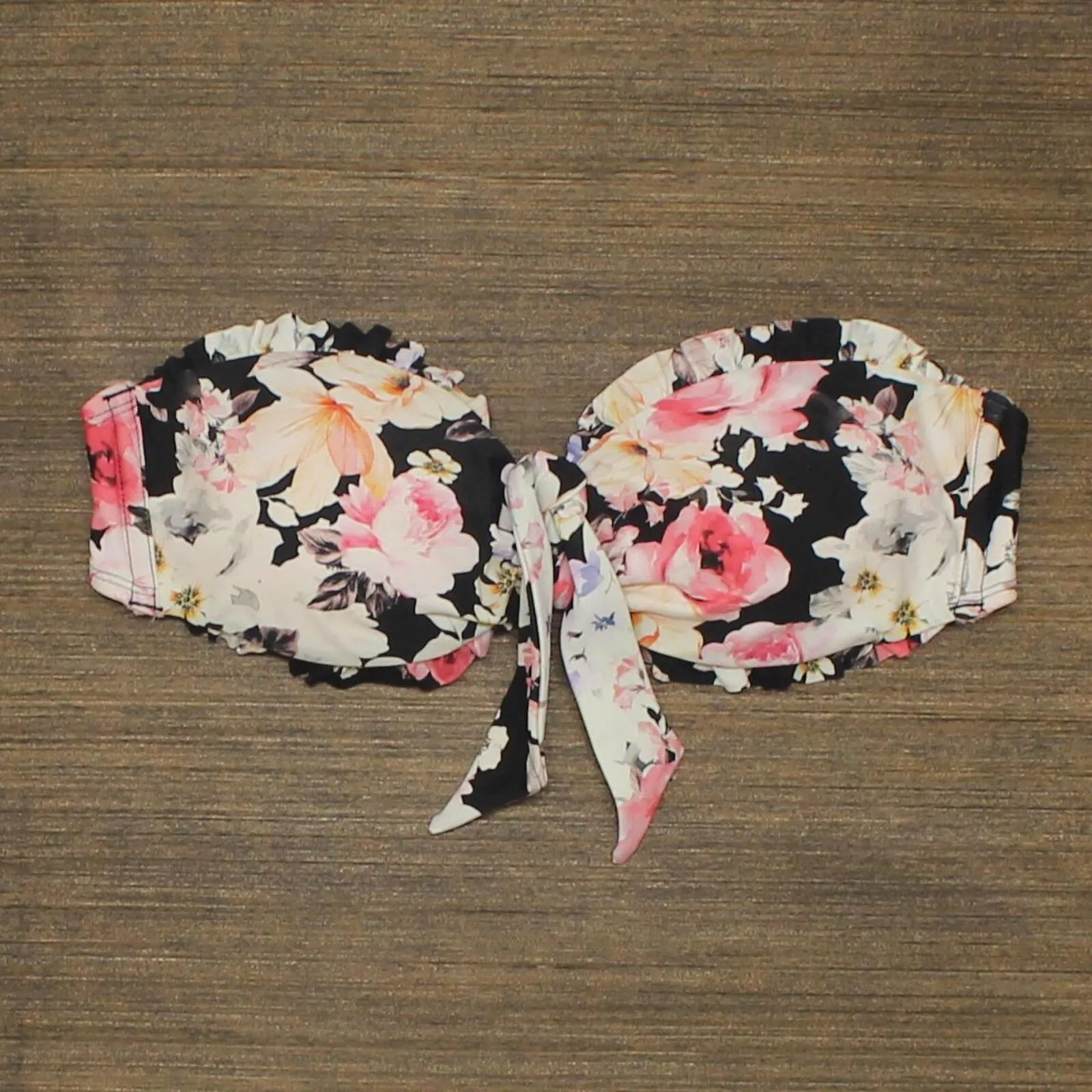 Xhilaration Ruffle Tie-Front Bandeau Bikini Top Black Floral Medium (4-6)