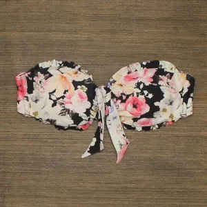 Xhilaration Ruffle Tie-Front Bandeau Bikini Top Black Floral Medium (4-6)