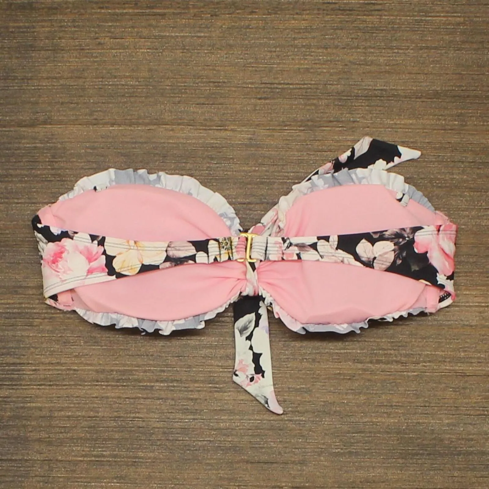 Xhilaration Ruffle Tie-Front Bandeau Bikini Top Black Floral Medium (4-6)