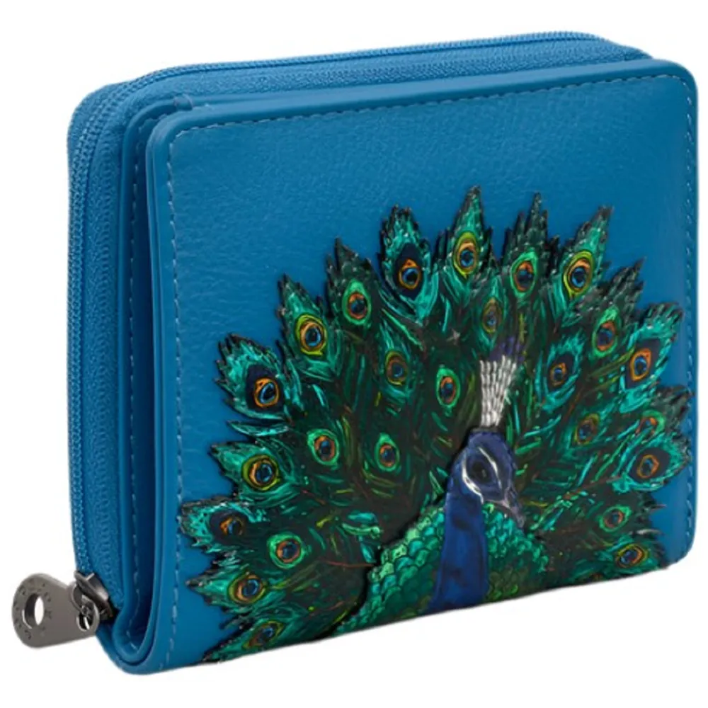 Yoshi Peacock Plume Petrol Blue Leather Zip Round Flap Over Purse