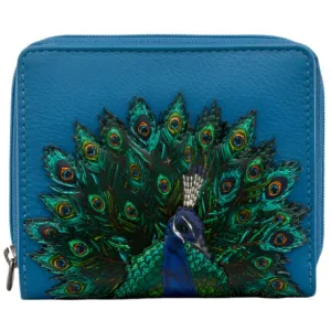 Yoshi Peacock Plume Petrol Blue Leather Zip Round Flap Over Purse