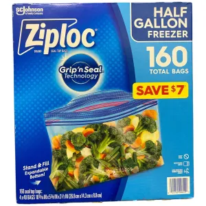 Ziploc Stand & Fill, BPA-Free, Half Gallon Freezer Bags, 160 ct.